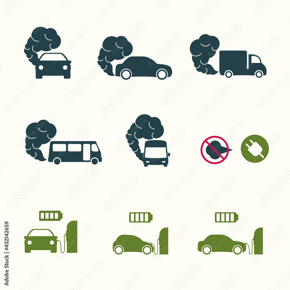 Set of icons on the theme of environmental pollution due to a car. Bus