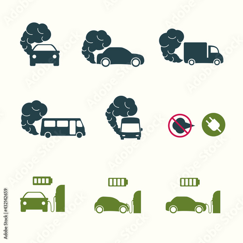 Set of icons on the theme of environmental pollution due to a car. Bus icon with exhaust gases. Exhaust fumes. Environmental pollution. Smog