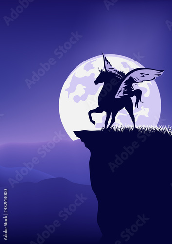 mythical pegasus horse standing at mountain cliff against full moon - fairy tale winged stallion silhouette and night landscape vector design