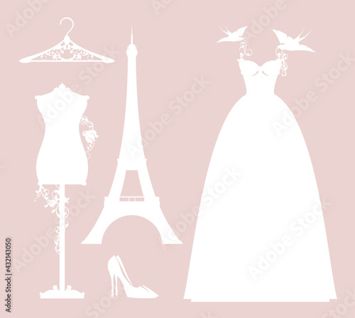 luxuriuos Paris haute couture fashion atelier design set with vector silhouettes of wedding dress and eiffel tower