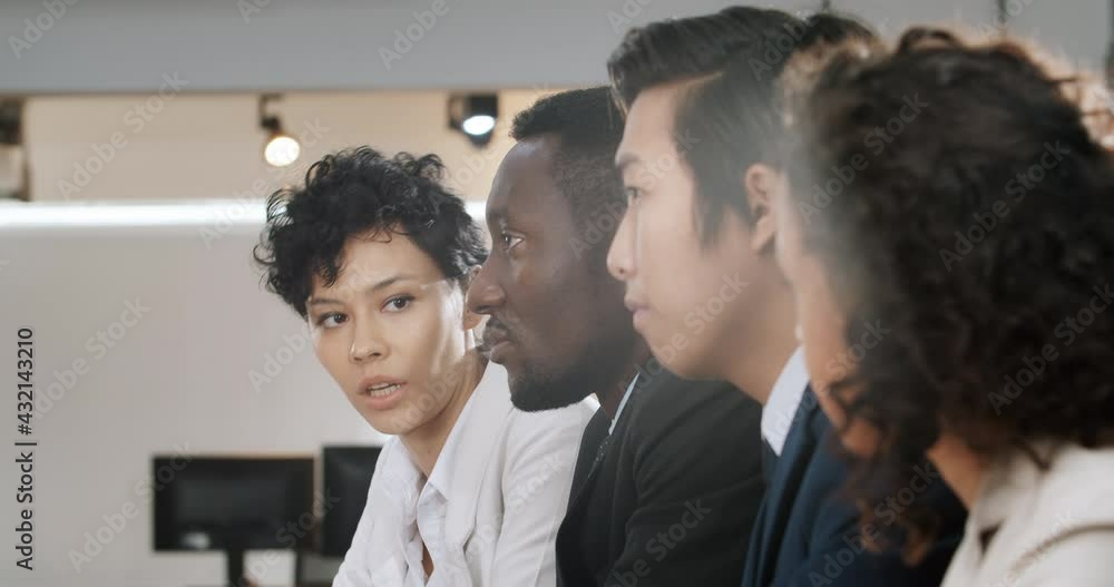 Business team trying to convince their boss in video conference. Business team trying to convince their boss in video conference.