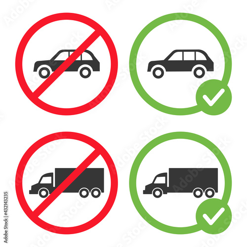 Allowed and forbidden car signs vector flat illustration isolated on white background. Lorry prohibition and parking permit. Automobile and truck icons in crossed out red circles and in green circles.