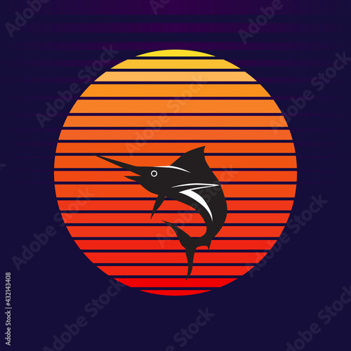 Vector of blue marlin fish on sunset background. Sail fish jumping out of water company logo illustration design
