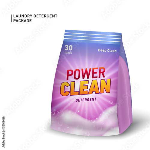 Realistic soft container for detergent. Detergent package template with designed logo and realistic soap foam.