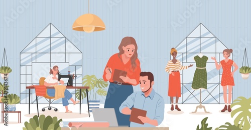 People working in sewing atelier vector flat illustration. Smiling managers, tailors, dressmakers making dresses, choosing textile for clothes. Sewing workshop or fashion sew studio interior design.
