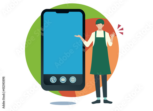 エプロンを着用した男性が案内するスマホフレーム　OKサイン　人物フラットイラスト　"You can order from your smartphone"