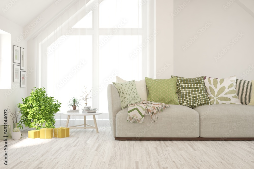 White living room with sofa. Scandinavian interior design. 3D illustration White living room with sofa. Scandinavian interior design. 3D illustration