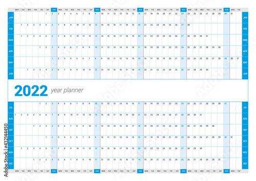 Calendar yearly planner template for 2022. Printable template. Week starts on Monday
