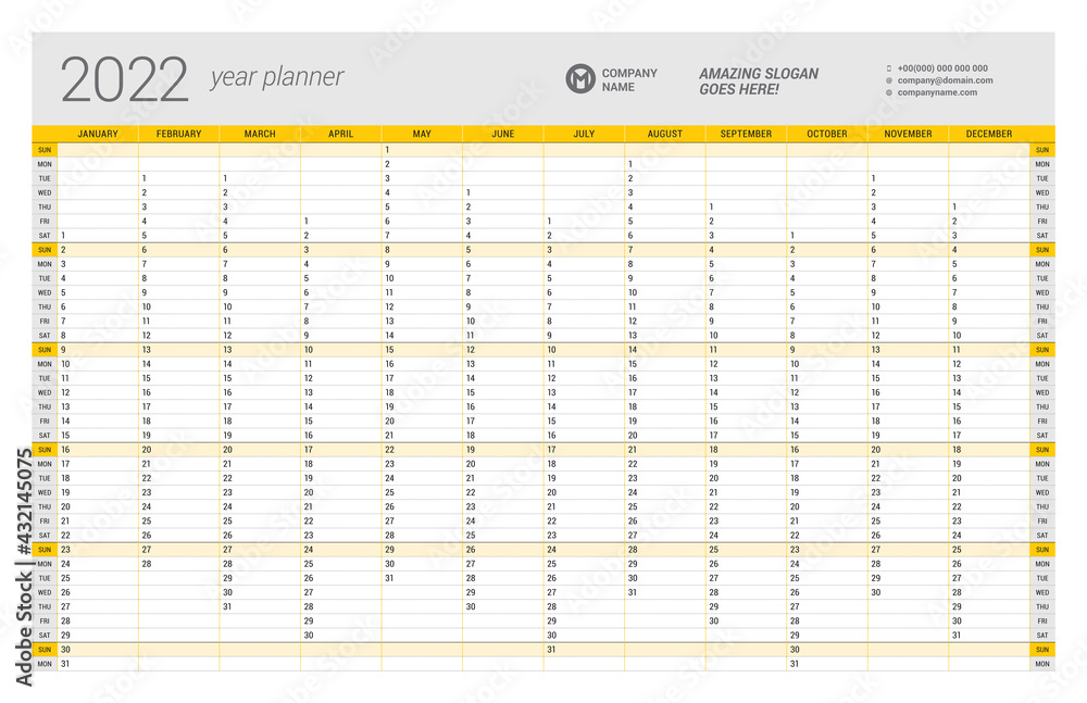 Calendar yearly planner template for 2022. Printable template. Week