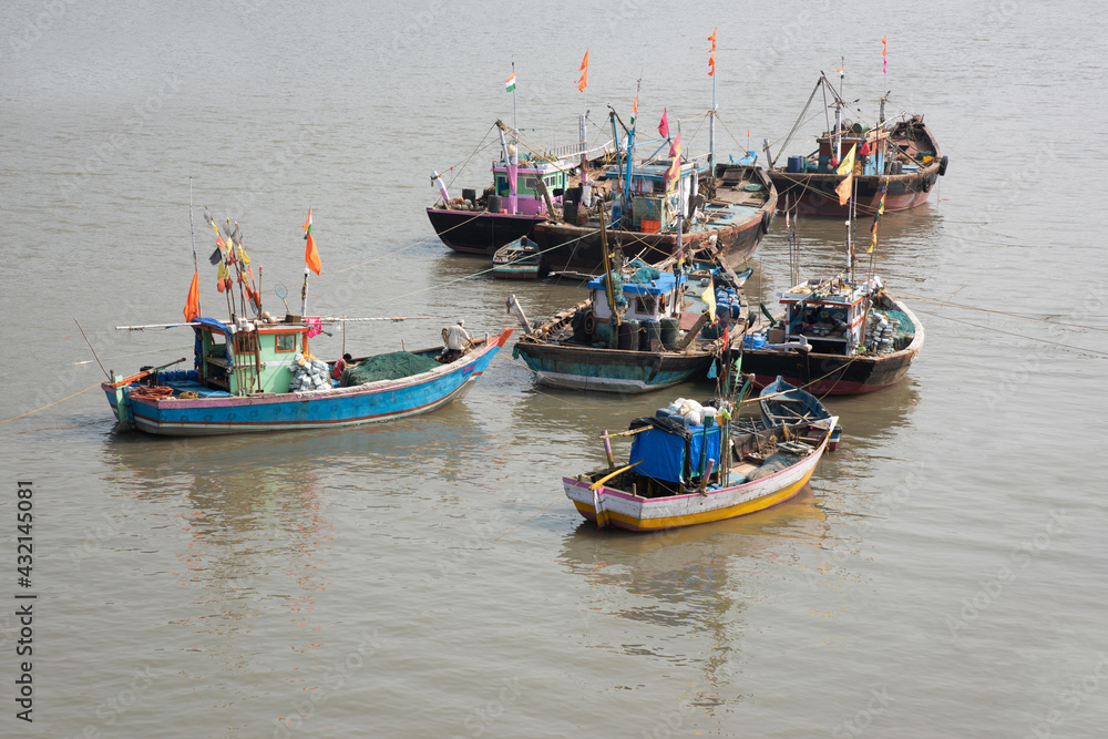 Anchored fishing boats, Harnai Port, Konkan, Maharashtra, India