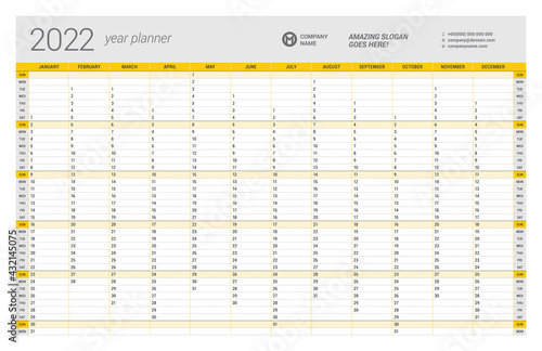 Calendar yearly planner template for 2022. Printable template. Week starts on Sunday