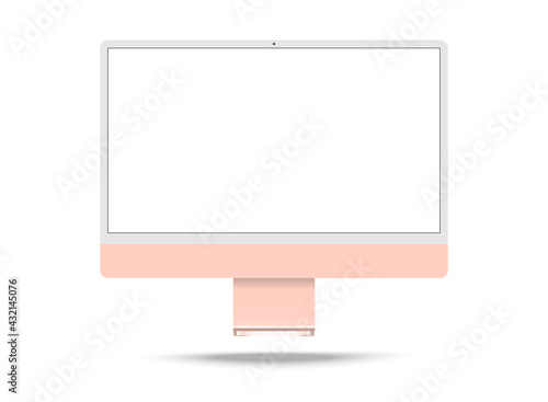 Monitor iMac 24 mockup .Realistic pink monitor iMac 2021 for computer.Personal computer monitor mockup on the white background. Vector .	
