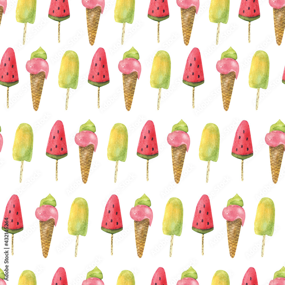 Watercolor seamless pattern with fruit ice cream on white background. Beautiful summer textile print. Great for fabrics, kids clothing, covers, phone cases. Sweet food.