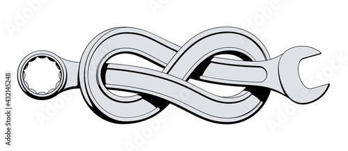 Box wrench bent into eight knot. Twisted spanner repair tool. Symbol for support service workshop. Tattoo design isolated vector illustration.