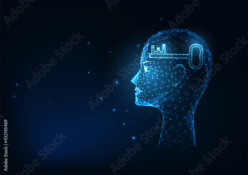 Futuristic lowing low polygonal silhouette of head with key symbol isolated on dark blue