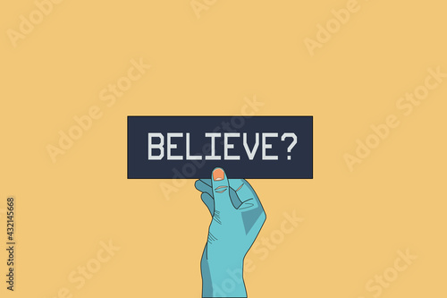 Do you believe in aliens? Extraterrestrial concept. Space-travels on other planets like Mars. Hand holding a black card with a text saying believe. Life on other planets