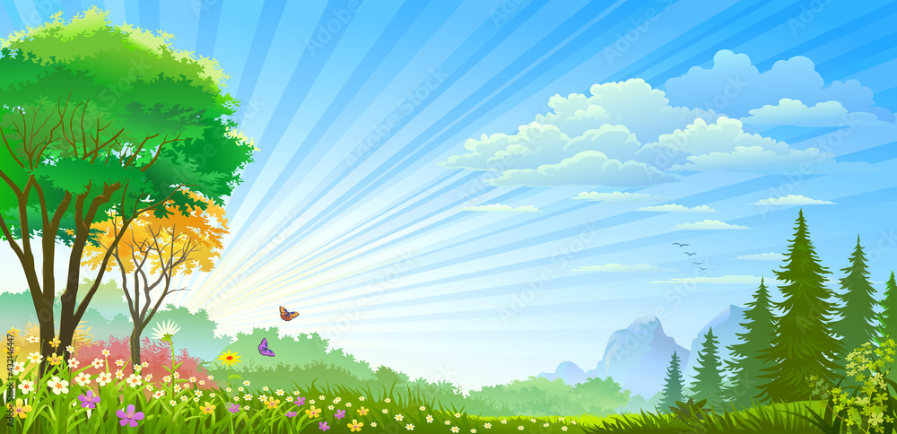 Sun rays falling over the spring fields with green lawn, flowers, and butterflies.