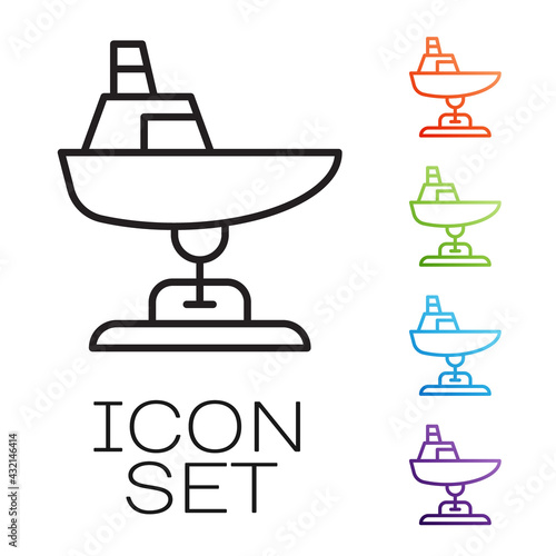 Black line Swing boat on the playground icon isolated on white background. Childrens carousel with boat. Amusement icon. Set icons colorful. Vector