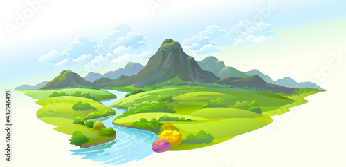 A range of mountains across a flowing river. Meadows and gardens