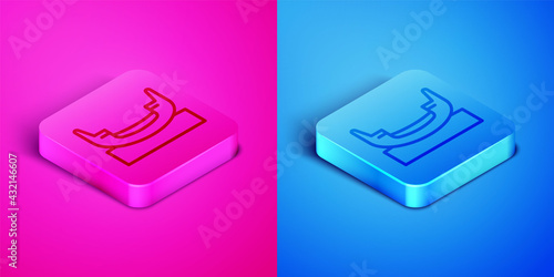 Isometric line Boat swing icon isolated on pink and blue background. Childrens entertainment playground. Attraction riding ship, swinging boat. Amusement park. Square button. Vector