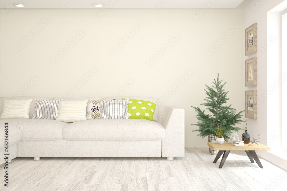 Naklejka premium Soft color living room with sofa. Scandinavian interior design. 3D illustration