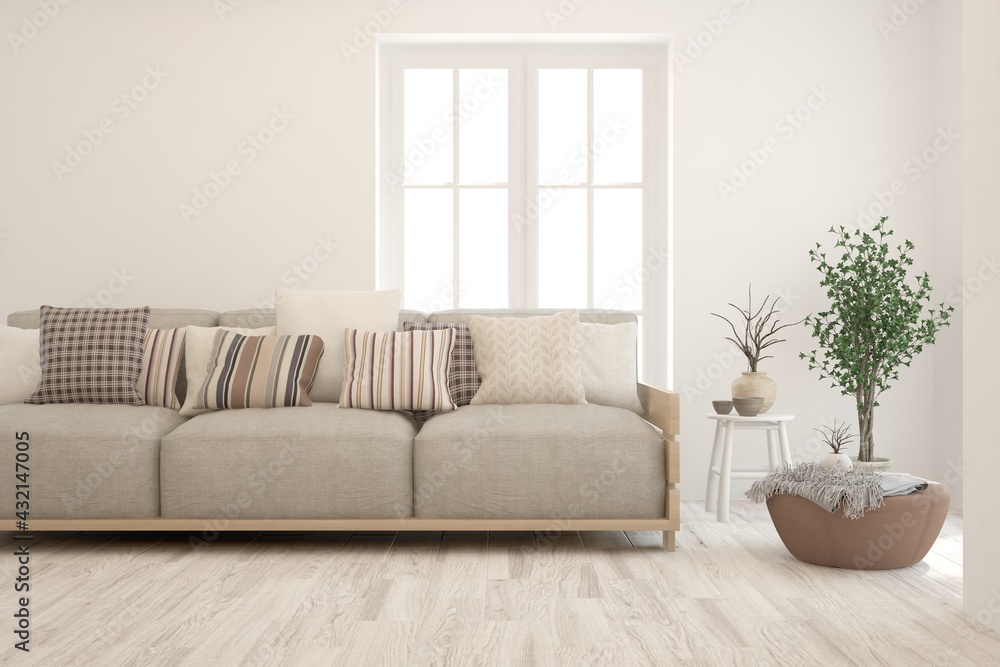 White living room with sofa. Scandinavian interior design. 3D illustration White living room with sofa. Scandinavian interior design. 3D illustration