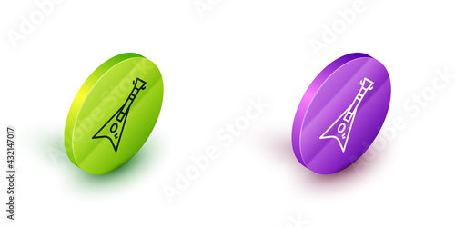 Isometric line Electric bass guitar icon isolated on white background. Green and purple circle buttons. Vector