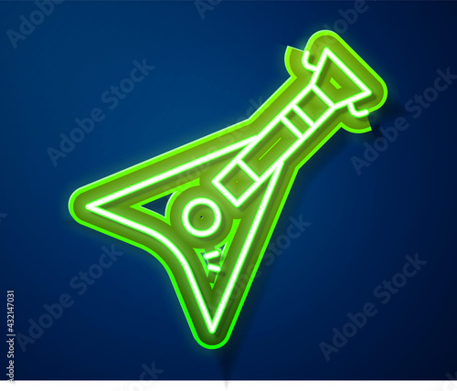 Glowing neon line Electric bass guitar icon isolated on blue background. Vector