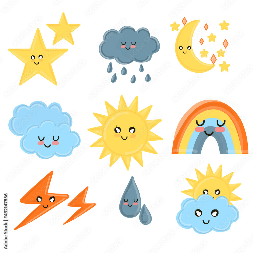 Cartoon Weather Icons. Vector illustration of sun, rain, storm, snow, wind moon star rainbow Cartoon Weather Icons. Vector illustration of sun, rain, storm, snow, wind moon star rainbow