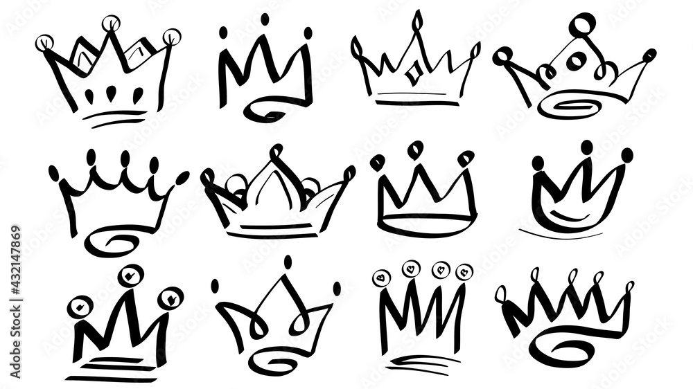 Doodle crowns. Line art king or queen crown sketch. Drawing by hand black elements. Vector illustration.
