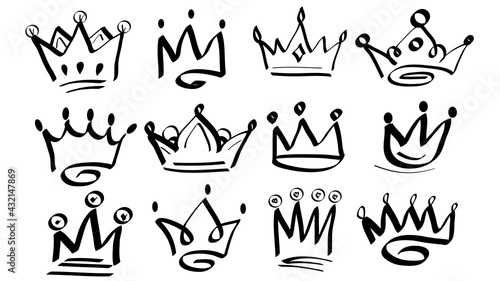 Doodle crowns. Line art king or queen crown sketch. Drawing by hand black elements. Vector illustration.