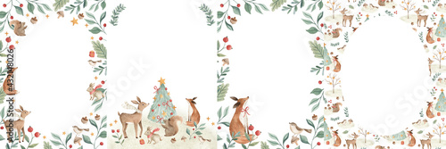 Christmas invitation frame template with woodland animals and winter foliage watercolor illustration