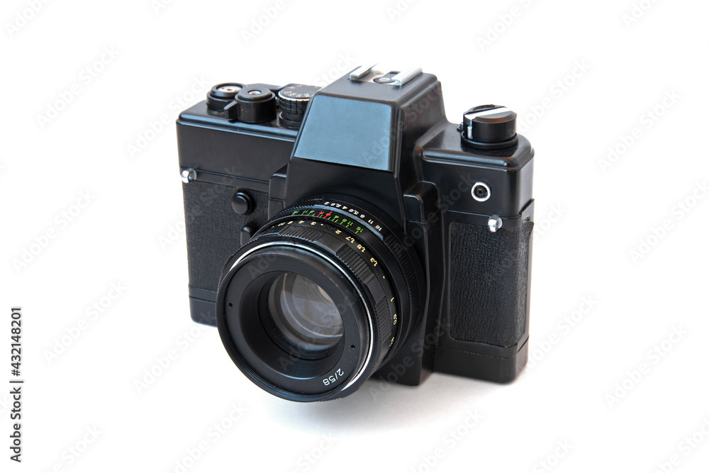 Old soviet photo camera with lens on white background