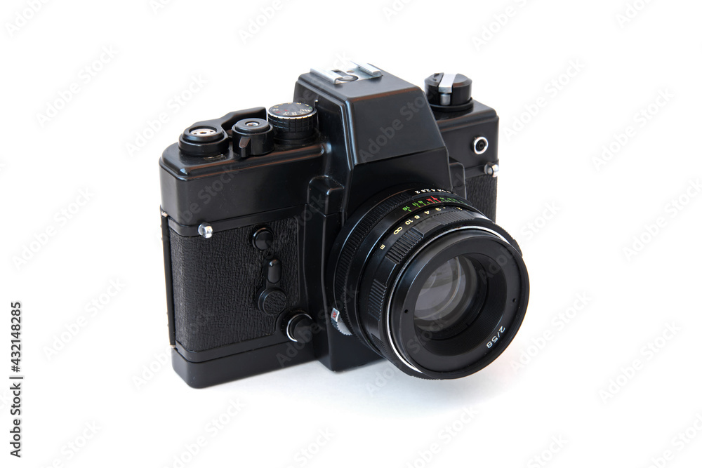 Old soviet photo camera with lens on white background Old soviet photo camera with lens on white background