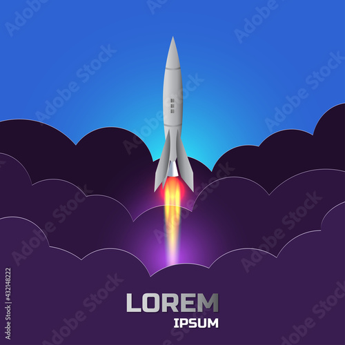 Bright square poster. A cartoon rocket taking off with a jet stream in dark purple clouds. Lorem Ipsum