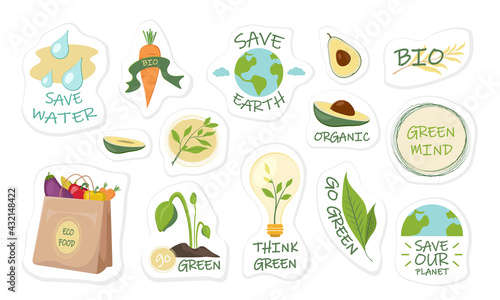 Ecologic labels. Eco safe emblems, green safe plant. Sticker zero waste. Bundle of decorative design elements. Flat cartoon colorful vector illustration.