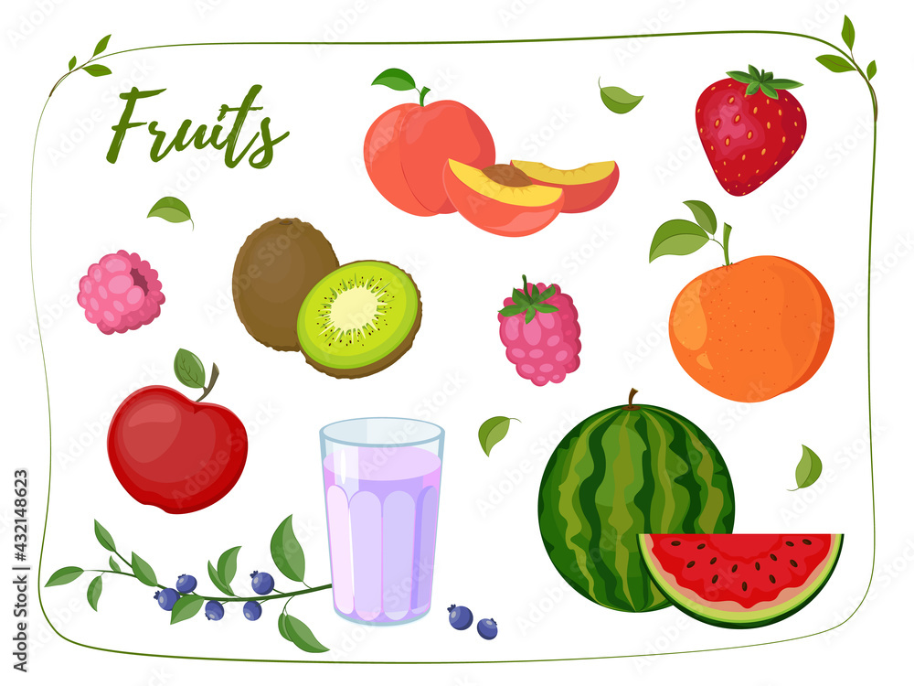 Fruits set. Set of berries and fruits, vegetables on a white background. Vector icon Fruits set. Set of berries and fruits, vegetables on a white background. Vector icon