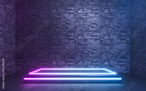 Blank product stand with neon lights on brick wall background. 3d rendering photo