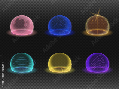 Force shield bubbles, energy glowing spheres or defense dome fields. Vector realistic set of cracked safety energy barrier, shiny spheres with fracture. Broken defence concept