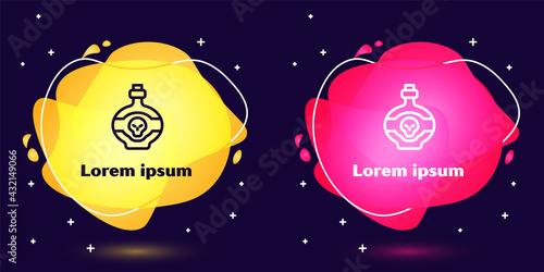 Set line Poison in bottle icon isolated on blue background. Bottle of poison or poisonous chemical toxin. Abstract banner with liquid shapes. Vector