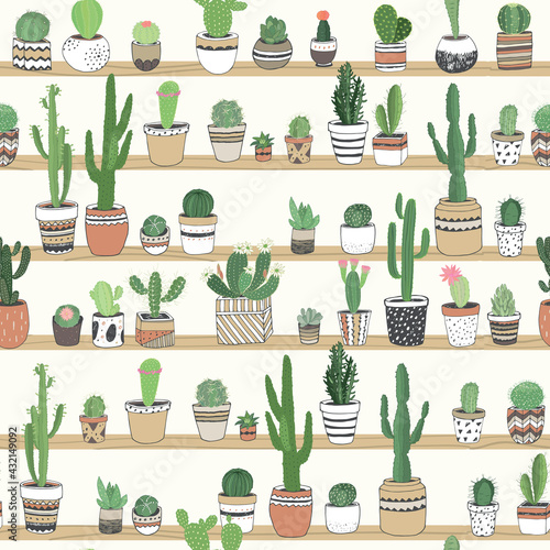 Cactus plants seamless vector hand drawn pattern © GooseFrol