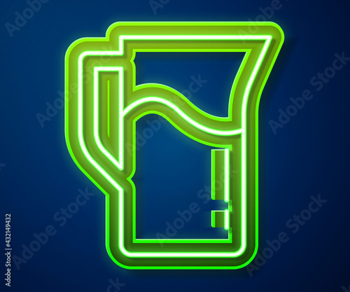 Glowing neon line Milk jug or pitcher icon isolated on blue background. Vector