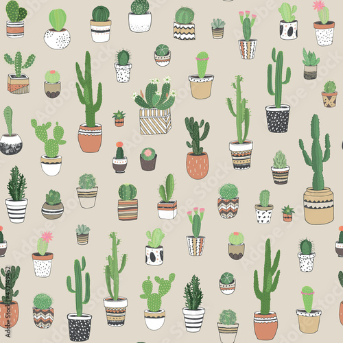 Cactus plants seamless vector hand drawn pattern