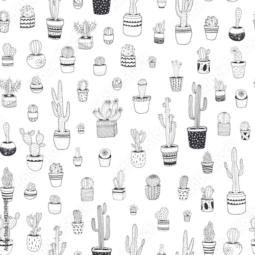 Cactus plants seamless vector hand drawn pattern