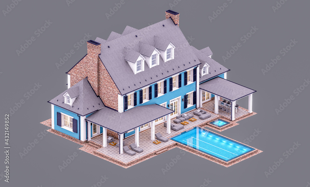 3d rendering of modern cozy classic house in colonial style with garage and pool for sale or rent in evening. Isolated on gray. 3d rendering of modern cozy classic house in colonial style with garage and pool for sale or rent in evening. Isolated on gray.