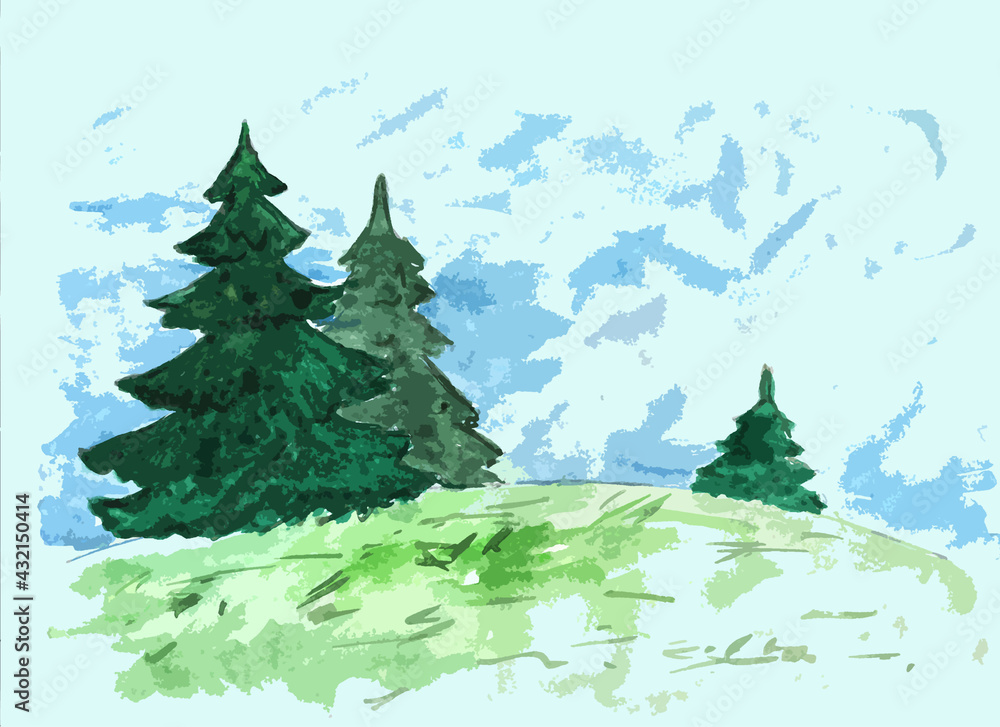 painted landscape with Christmas trees on the sky background