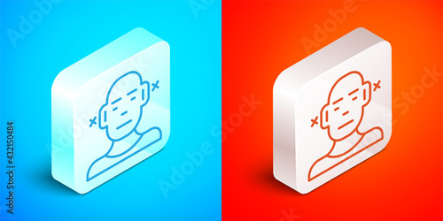 Isometric line Deafness icon isolated on blue and red background. Deaf symbol. Hearing impairment. Silver square button. Vector