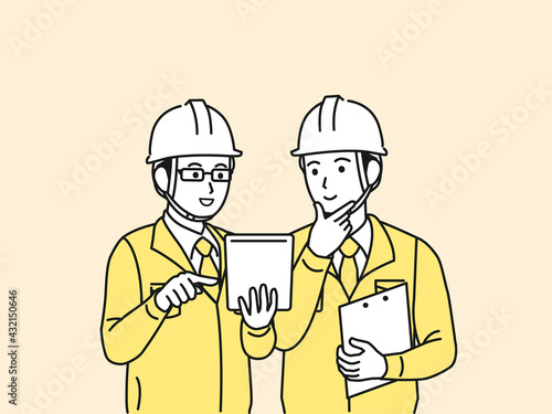 打ち合わせをする　現場監督　建築士　工場長　男性　計画　スケジュール　イラスト素材