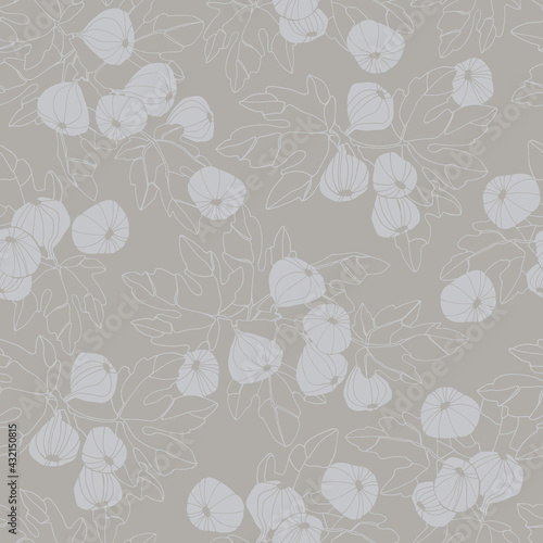 Seamless pattern. Fig tree branches with fruit. Outlined vector illustration on gray background