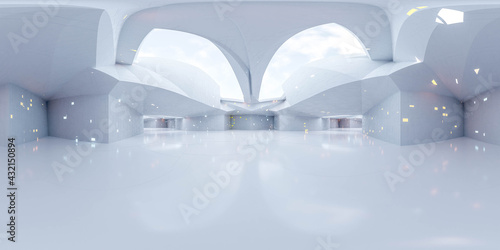 Fototapeta Naklejka Na Ścianę i Meble -  360 degree full panorama view of modern white futuristic technology concept building interior 3d render illustration hdri hdr vr style
